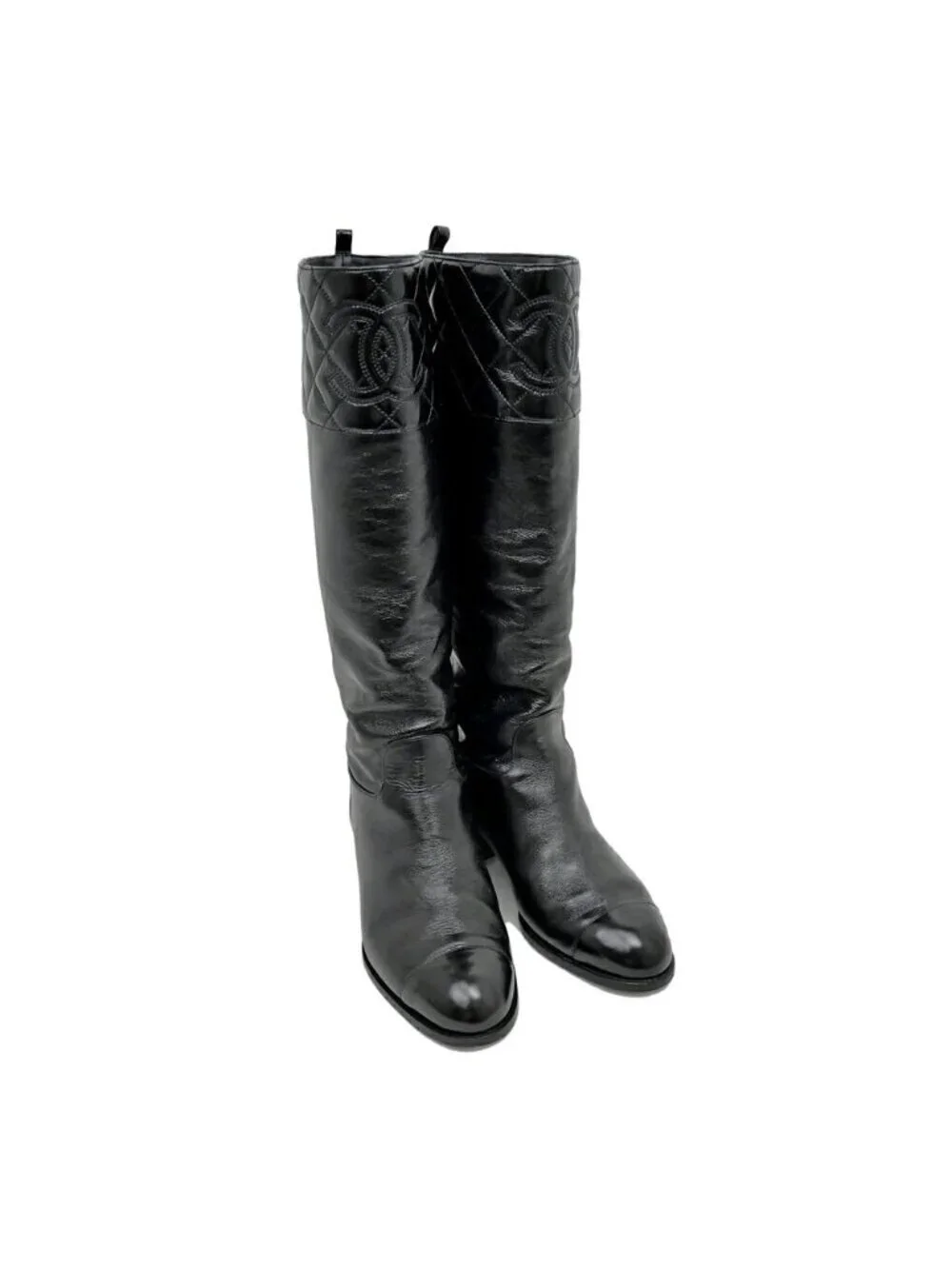 Chanel Long Boots 37.5 Black Shiny Calfskin CC Logo